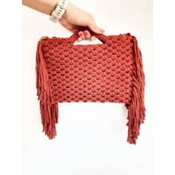 Macrame Terracotta Rustic Brown Fringe Hand Bag - Picture 1 of 5